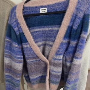 Sunday Best Lavender, Blue & Pink Trim Fuzzy Striped Cardigan